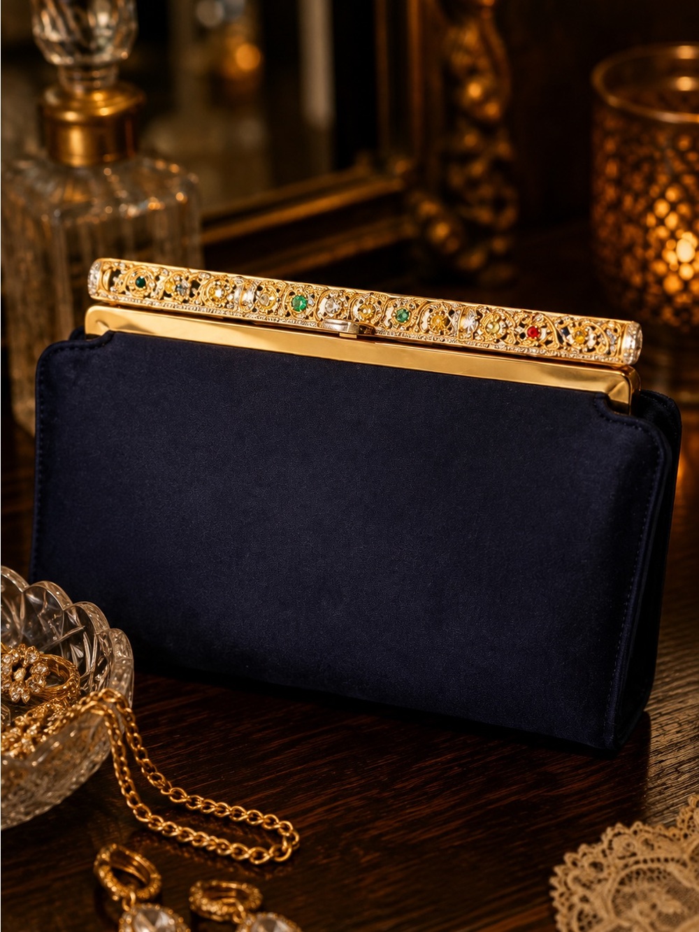 Vintage 1950s Jeweled Filigree Evening Clutch Navy Satin MCM Purse